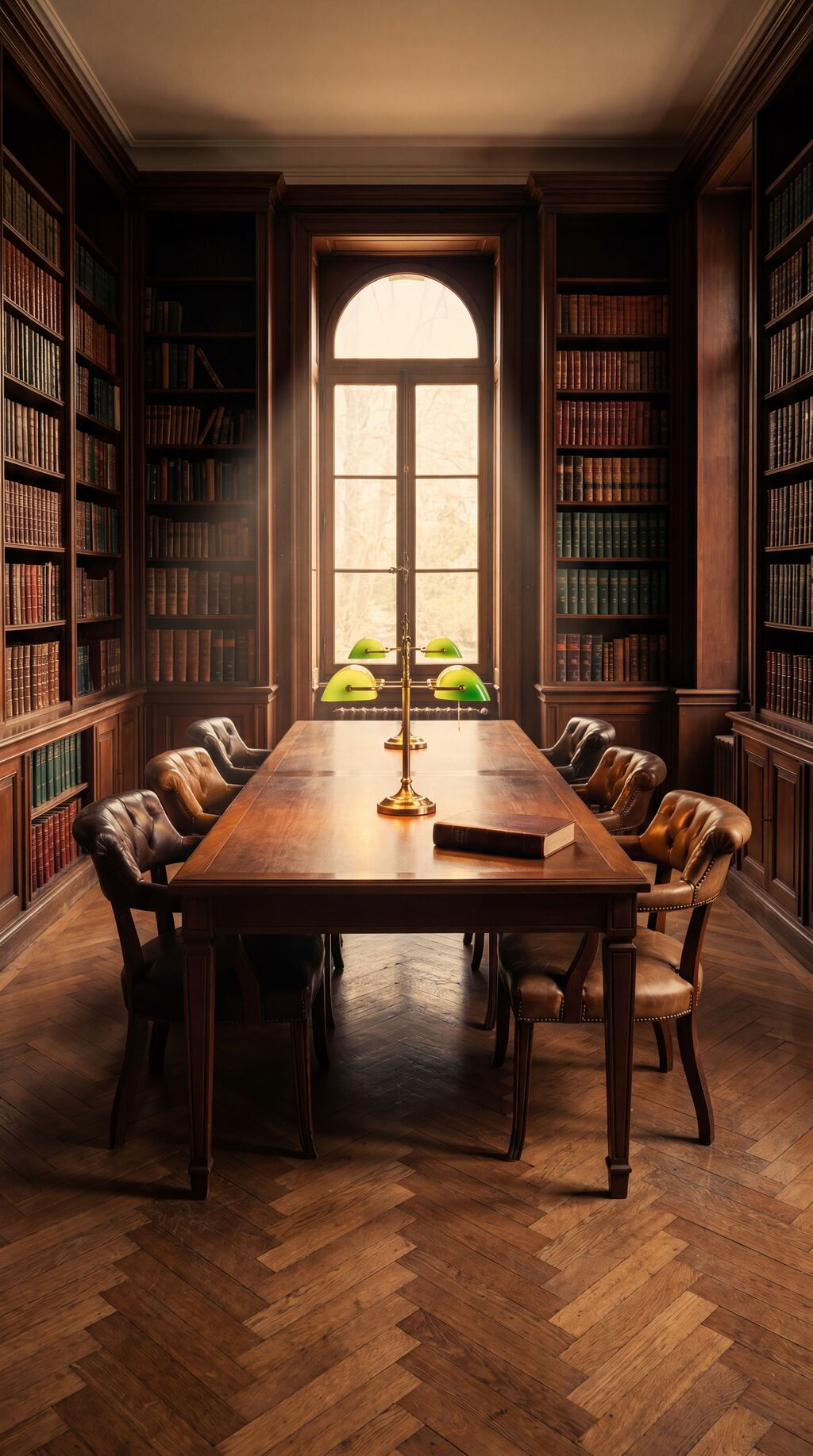 A private reading room with leather-bound books and warm afternoon light.